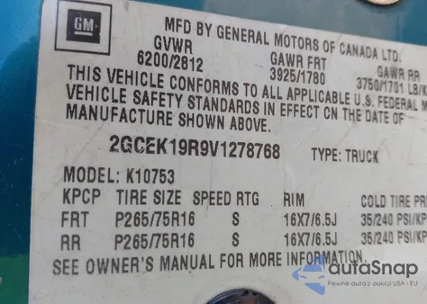 1997 Chevrolet K1500 Fleetside from USA, damaged, VIN 2GCEK19R9V1278768